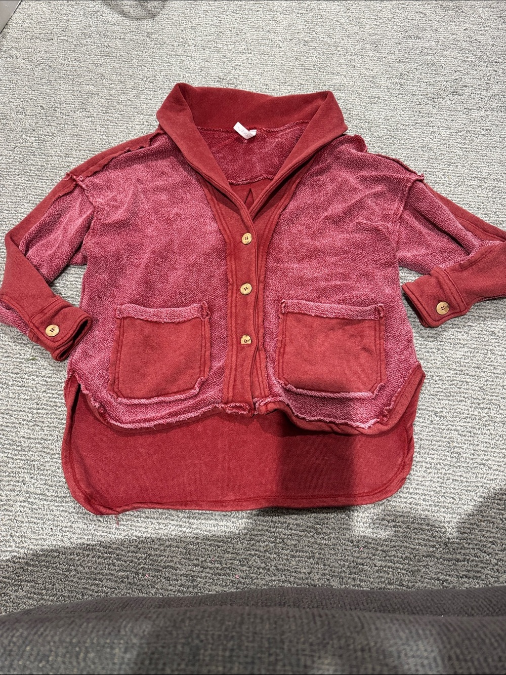 Zenana Outfitters Red Button-Front Terry Pullover Hoodie